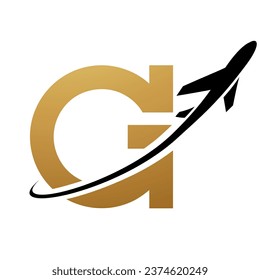 Gold and Black Antique Letter G Icon with an Airplane on a White Background