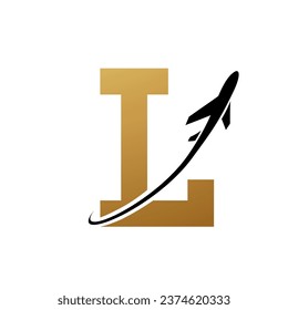 Gold and Black Antique Letter L Icon with an Airplane on a White Background