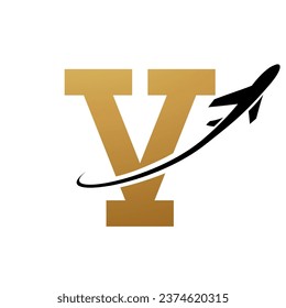 Gold and Black Antique Letter V Icon with an Airplane on a White Background