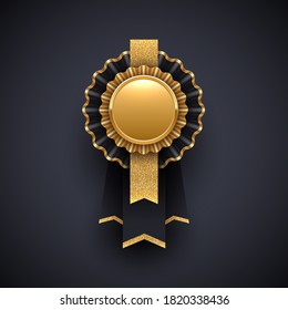 Gold and black award badge with ribbon. Vector illustration.