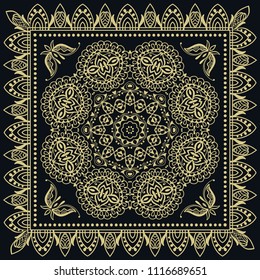 Gold and black background, decorative geometric linear pattern. Doodle golden mandala ornament with lace frame, ethnic decor. Bandana shawl, tablecloth fabric print, silk neck scarf, kerchief design