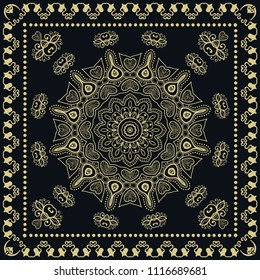 Gold and black background, decorative geometric linear pattern. Doodle golden mandala ornament with lace frame, ethnic decor. Bandana shawl, tablecloth fabric print, silk neck scarf, kerchief design