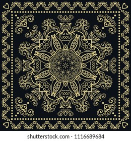 Gold and black background, decorative geometric linear pattern. Doodle golden mandala ornament with lace frame, ethnic decor. Bandana shawl, tablecloth fabric print, silk neck scarf, kerchief design