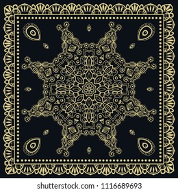 Gold and black background, decorative geometric linear pattern. Doodle golden mandala ornament with lace frame, ethnic decor. Bandana shawl, tablecloth fabric print, silk neck scarf, kerchief design