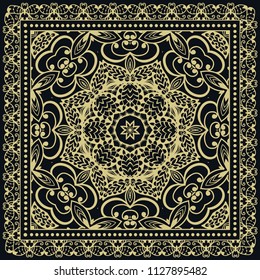 Gold and black background, decorative geometric line ornament. Golden pattern with doodle lace frame. Tribal ethnic decor. Bandana shawl, tablecloth fabric print, silk neck scarf, kerchief design