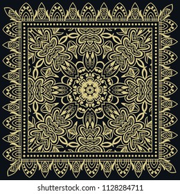 Gold and black background, decorative geometric line ornament. Golden pattern with doodle lace frame. Tribal ethnic decor. Bandana shawl, tablecloth fabric print, silk neck scarf, kerchief design