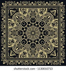 Gold and black background, decorative geometric line ornament. Golden pattern with doodle lace frame. Tribal ethnic decor. Bandana shawl, tablecloth fabric print, silk neck scarf, kerchief design