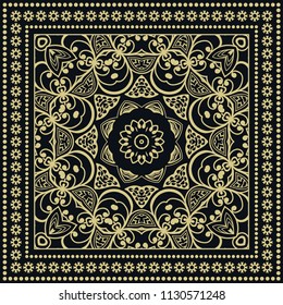 Gold and black background, decorative geometric line ornament. Golden pattern with doodle lace frame. Tribal ethnic decor. Bandana shawl, tablecloth fabric print, silk neck scarf, kerchief design