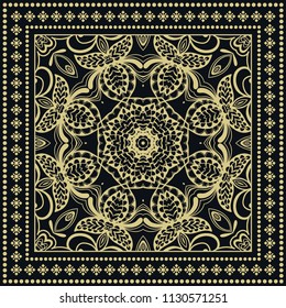 Gold and black background, decorative geometric line ornament. Golden pattern with doodle lace frame. Tribal ethnic decor. Bandana shawl, tablecloth fabric print, silk neck scarf, kerchief design