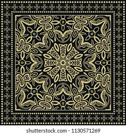 Gold and black background, decorative geometric line ornament. Golden pattern with doodle lace frame. Tribal ethnic decor. Bandana shawl, tablecloth fabric print, silk neck scarf, kerchief design