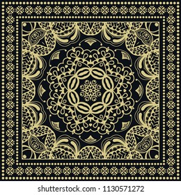 Gold and black background, decorative geometric line ornament. Golden pattern with doodle lace frame. Tribal ethnic decor. Bandana shawl, tablecloth fabric print, silk neck scarf, kerchief design