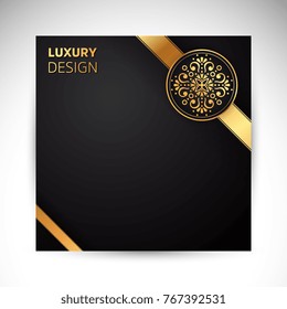 Gold black background design vector. Sun Indian pattern. Eye peacock feather frame. Oriental mandala swirl ornament for luxury wedding, beauty fashion concept