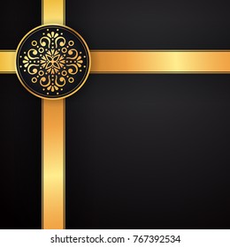 Gold black background design vector. Sun Indian pattern. Eye peacock feather frame. Oriental mandala swirl ornament for luxury wedding, beauty fashion concept