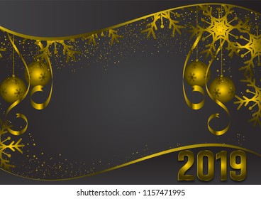 Gold and black background with Snowflake and ball for Christmas Holiday Season 2019, Vector illustration