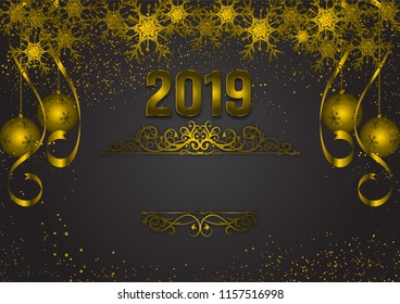 Gold and black background with Snowflake and ball for Christmas Holiday Season 2019, Vector illustration