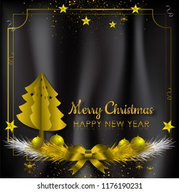 Gold and black background with Snowflake and ball for Christmas Holiday Season. Vector illustration
