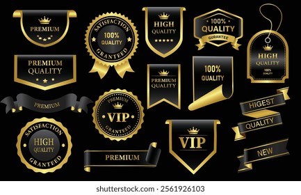 Gold and black badges and ribbons. Ribbon Vector illustration set.