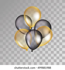 Gold and black balloon on background. Party balloons for event design. Transparent balloons isolated in the air. Party decorations for birthday, anniversary, celebration. Shine transparent balloon.