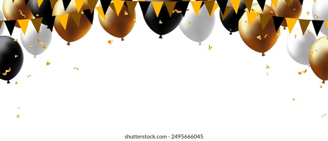 goldene und schwarze Ballons Dekoration Geburtstag Banner, Grußkarte, Feier Hintergrund horizontale Vektor