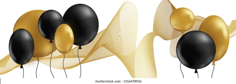Gold and black balloons on a white background, a festive element for design and advertising, for a birthday party banner. Golden balls background with place for text.