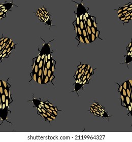 Gold and black beetles on a dark background with a seamless pattern. Vector illustration of a bug for the design of fabric, textiles, clothing, kimonos, men's shirts, packaging, wallpaper.