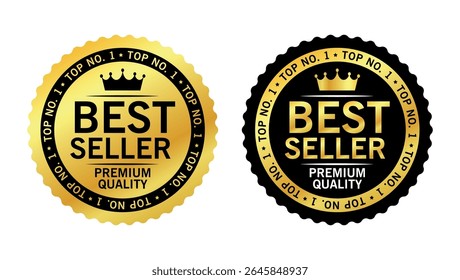 gold and black best seller premium quality badges with crown used for top ranked or featured products	