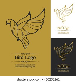 Gold and black bird logo icon. Linear graphic stylized dove vector illustration.  For invitation, greeting card, certificate, business sign, identity, branding