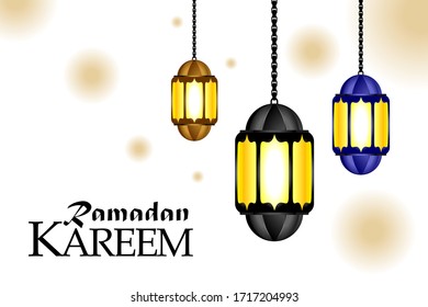 gold, black and blue arabic lamps, lanterns with lights bokeh, vector illustration background for muslim community holy month Ramadan Kareem