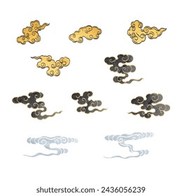 Textura de pincelada dorada y negra con patrón de nube de chino japonés en estilo vintage. Diseño de banner de paisaje de arte abstracto con vector de textura de acuarela