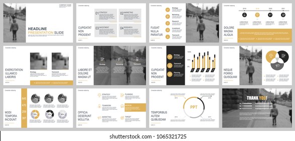 Gold and black business presentation slides templates from infographic elements. Can be used for presentation, flyer and leaflet, brochure, marketing, advertising, annual report, banner, booklet.