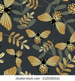 Gold and black butterflies on a dark background with a seamless pattern. Vector illustration for the design of fabric, textiles, clothing, kimonos, men's shirts, packaging, wallpaper.