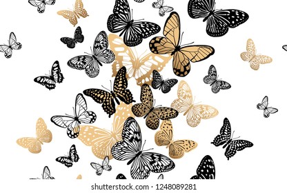 Gold and black butterflies on a white background seamless pattern. Vector illustration. Template for the design of trend fabrics, home textiles, clothing, paper, wallpaper, unusual packaging, curtains