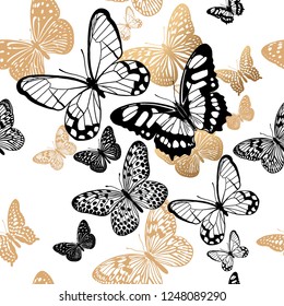 Gold and black butterflies on a white background seamless pattern. Vector illustration. Template for the design of trend fabrics, home textiles, clothing, paper, wallpaper, unusual packaging, curtains