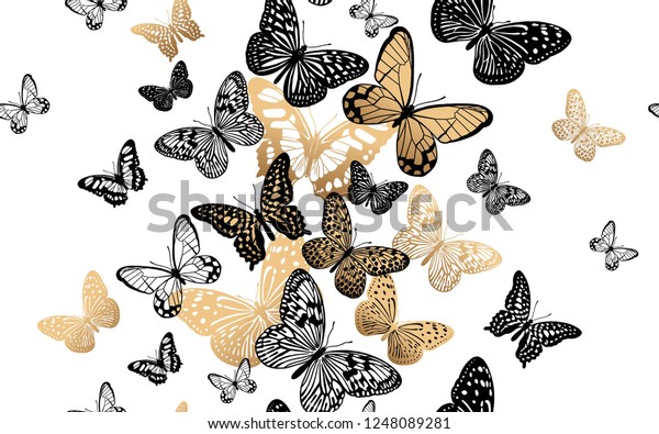 白い背景に金色の蝶と黒の蝶のシームレスなパターン ベクターイラスト トレンド生地 家庭の織物 衣類 紙 壁紙 珍しい包装 カーテンのデザイン用テンプレート のベクター画像素材 ロイヤリティフリー