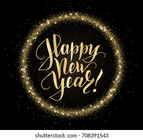Gold and black card with Happy New Year text and glitter frame. Sparkling holiday background, vector dust border. Great for Christmas cards, invitations, party posters.