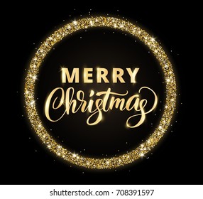 Gold and black card with Merry Christmas text and glitter frame. Sparkling holiday background, vector dust border. Great for Christmas and New Year cards, invitations, party posters.