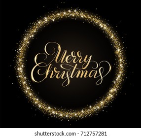 Gold and black card with Merry Christmas text and glitter frame. Sparkling holiday background, vector dust border. Great for Christmas and New Year cards, invitations, party posters.
