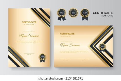 Gold and black certificate of achievement border template with luxury badge and modern wavy line pattern. For award, business, and education needs