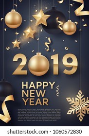 Gold and black Christmas balls with gold stars and big golden snowflake. Vector illustration of happy new year 2019.