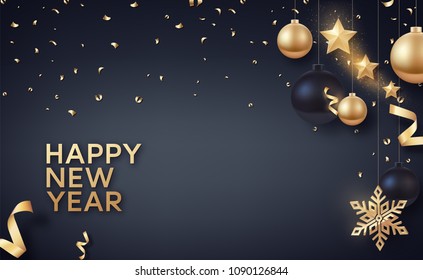 Gold and black Christmas balls with gold stars and big golden snowflake. Vector background for happy new year and Christmas.