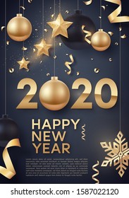 Gold and black Christmas balls with gold stars and big golden snowflake. Vector illustration of happy new year 2020.