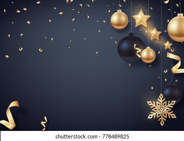 Gold and black Christmas balls with gold stars and big golden snowflake. Vector background for happy new year and Christmas.