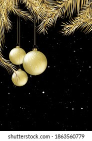 Gold and black Christmas card design with hanging baubles