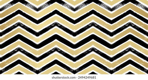 Gold and black Christmas seamless vector pattern. Hand drawn chevron golden foil print. Shining stripes zigzag background