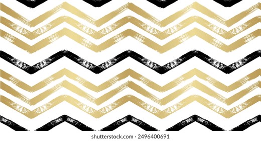 Gold and black Christmas seamless vector pattern. Hand drawn chevron golden foil print. Shining stripes zigzag background