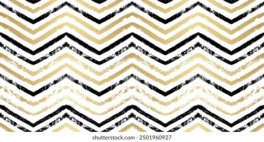 Gold und schwarz Weihnachten nahtlose Vektormuster. Handgezeichneter Chevron Goldfoliendruck. Glänzende Streifen, zickzackiger Hintergrund