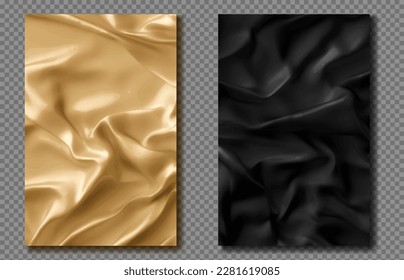 Gold and black cloth. 3d realistic textures, vector set. isolated on transparent background