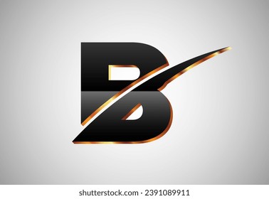 Gold and black color alphabet B with swoosh. Elegant Gold Color alphabet vector illustration
