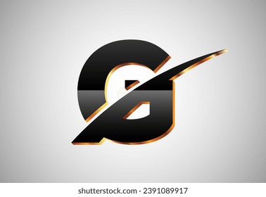 Gold and black color alphabet G with swoosh. Elegant Gold Color alphabet vector illustration