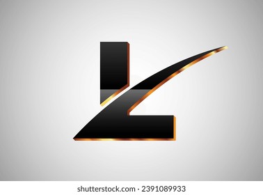 Gold and black color alphabet L with swoosh. Elegant Gold Color alphabet vector illustration